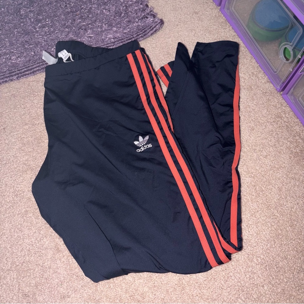 Adidas Originals Navy Blue & Coral Three Stripe & Trefoil Logo Leggings
